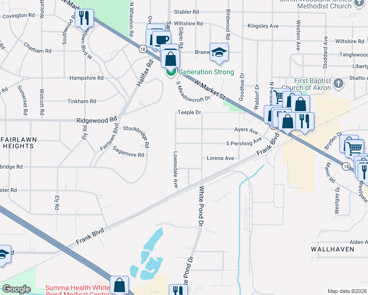 map of restaurants, bars, coffee shops, grocery stores, and more near 230 South Pershing Avenue in Akron
