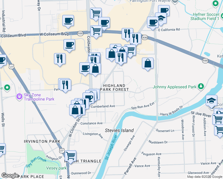 map of restaurants, bars, coffee shops, grocery stores, and more near 623 Ridgewood Drive in Fort Wayne