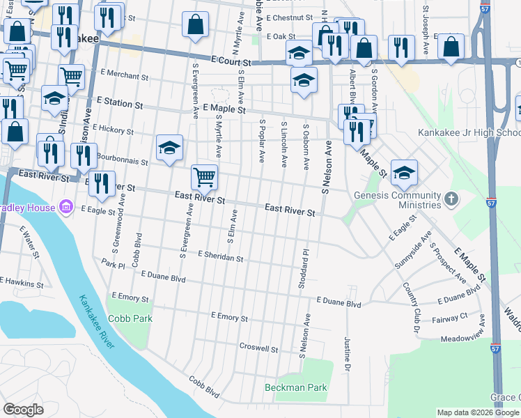 map of restaurants, bars, coffee shops, grocery stores, and more near 605-607 South Lincoln Avenue in Kankakee