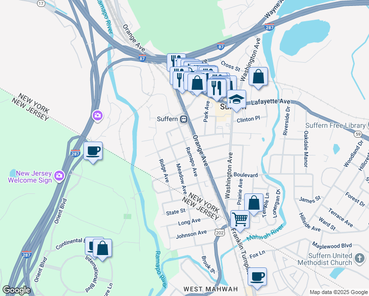 map of restaurants, bars, coffee shops, grocery stores, and more near 25 Ramapo Avenue in Suffern