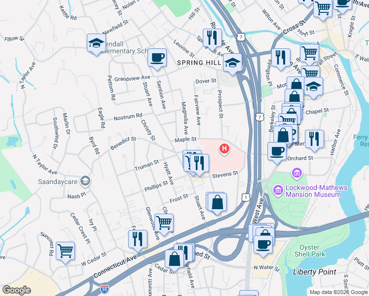 map of restaurants, bars, coffee shops, grocery stores, and more near 88 Truman Street in Norwalk