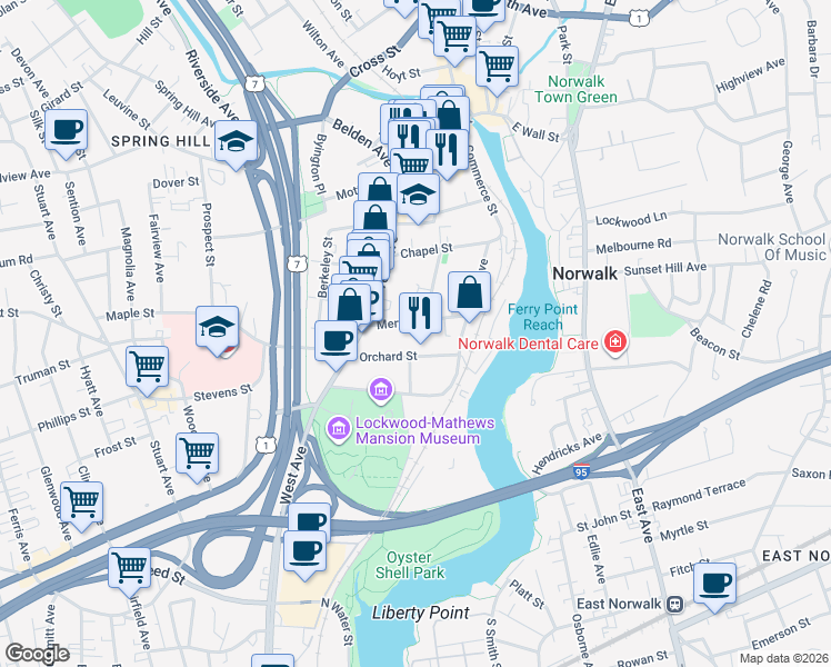 map of restaurants, bars, coffee shops, grocery stores, and more near 18 Merwin Street in Norwalk