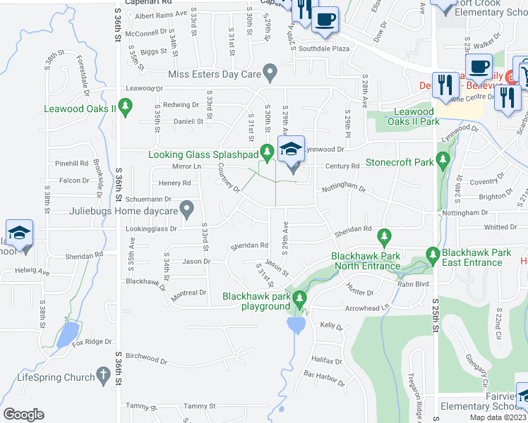 map of restaurants, bars, coffee shops, grocery stores, and more near 13320 Courtney Drive in Bellevue