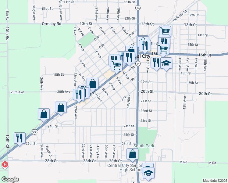 map of restaurants, bars, coffee shops, grocery stores, and more near 701-799 I St in Central City