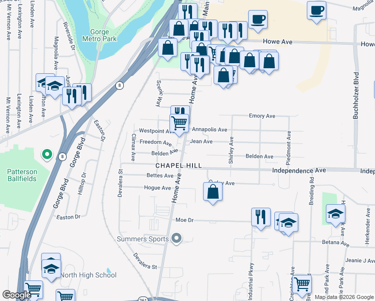 map of restaurants, bars, coffee shops, grocery stores, and more near 1517 Home Avenue in Akron