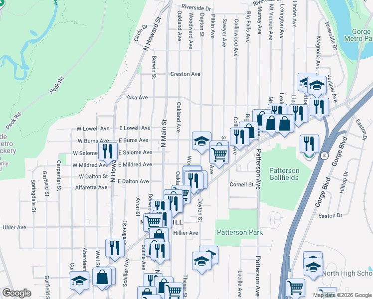 map of restaurants, bars, coffee shops, grocery stores, and more near 978 Woodward Avenue in Akron