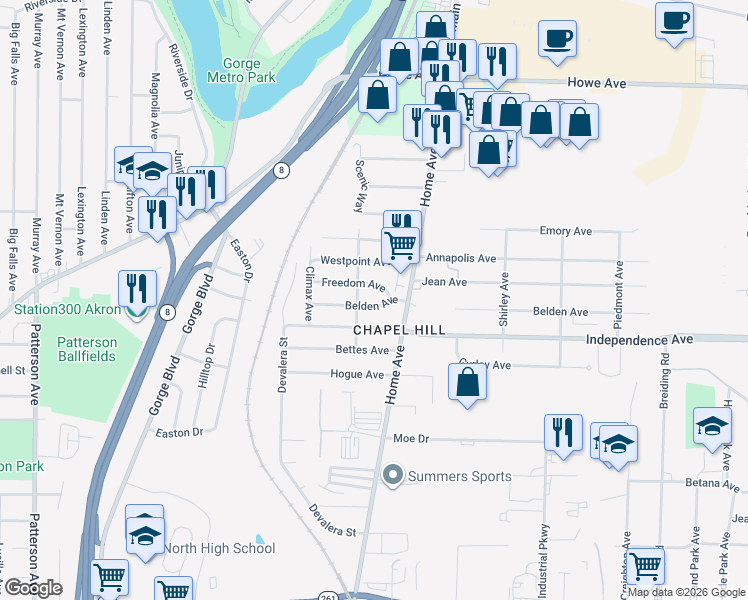 map of restaurants, bars, coffee shops, grocery stores, and more near 759 Belden Ave in Akron