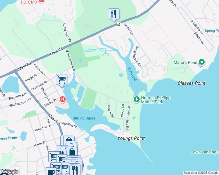 map of restaurants, bars, coffee shops, grocery stores, and more near 220 Fiddler Lane in Greenport