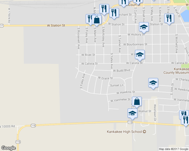 map of restaurants, bars, coffee shops, grocery stores, and more near 2095 West Grace Street in Kankakee