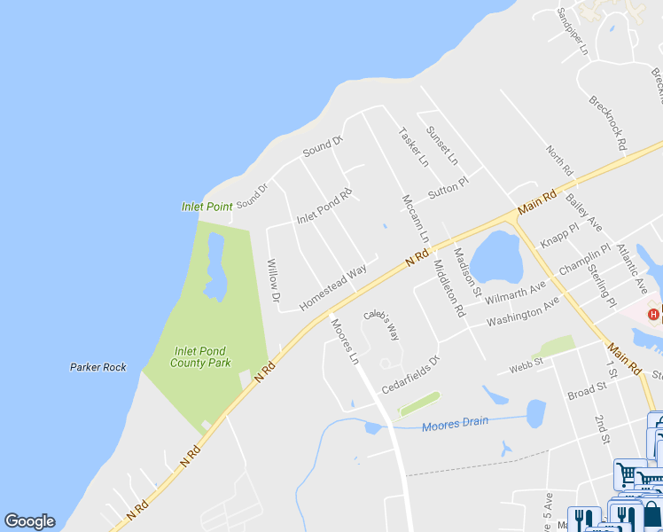 map of restaurants, bars, coffee shops, grocery stores, and more near 475 Moores Lane North in Greenport