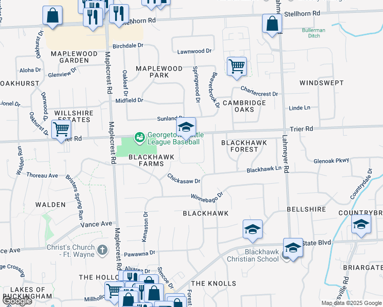 map of restaurants, bars, coffee shops, grocery stores, and more near 6700 Trier Road in Fort Wayne