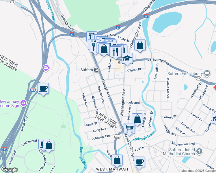 map of restaurants, bars, coffee shops, grocery stores, and more near 158 Orange Avenue in Suffern