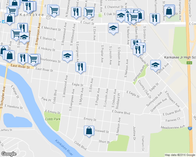 map of restaurants, bars, coffee shops, grocery stores, and more near 605 South Poplar Avenue in Kankakee