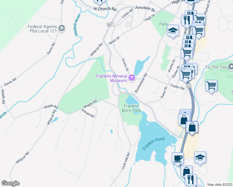 map of restaurants, bars, coffee shops, grocery stores, and more near 19 Church Street in Franklin