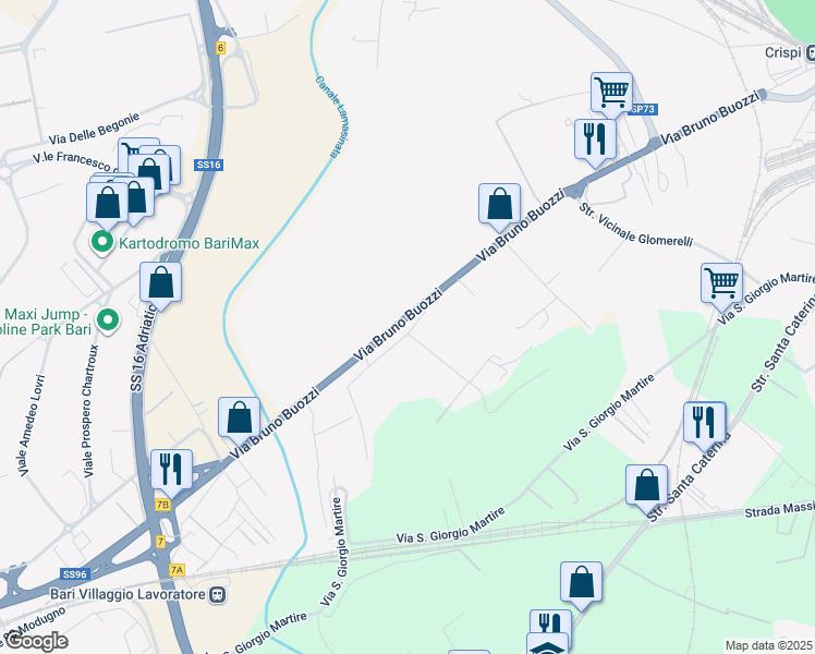 map of restaurants, bars, coffee shops, grocery stores, and more near Strada Privata Deserto in Bari