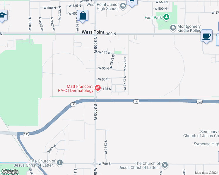 map of restaurants, bars, coffee shops, grocery stores, and more near 112 South 2875 West in West Point