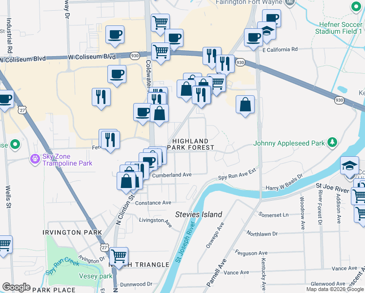 map of restaurants, bars, coffee shops, grocery stores, and more near 623 Ridgewood Dr in Fort Wayne