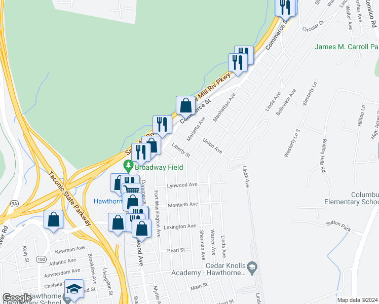 map of restaurants, bars, coffee shops, grocery stores, and more near 501 Manhattan Avenue in Hawthorne