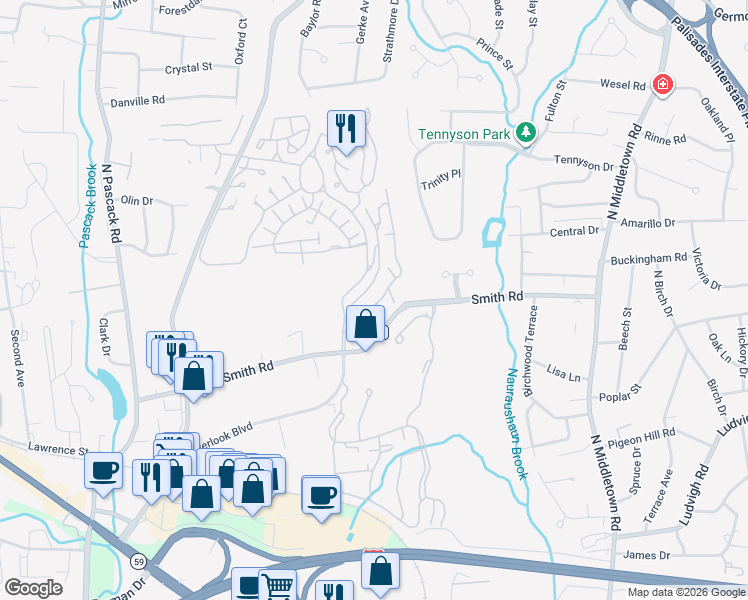 map of restaurants, bars, coffee shops, grocery stores, and more near 2 Woodland Terrace in Nanuet