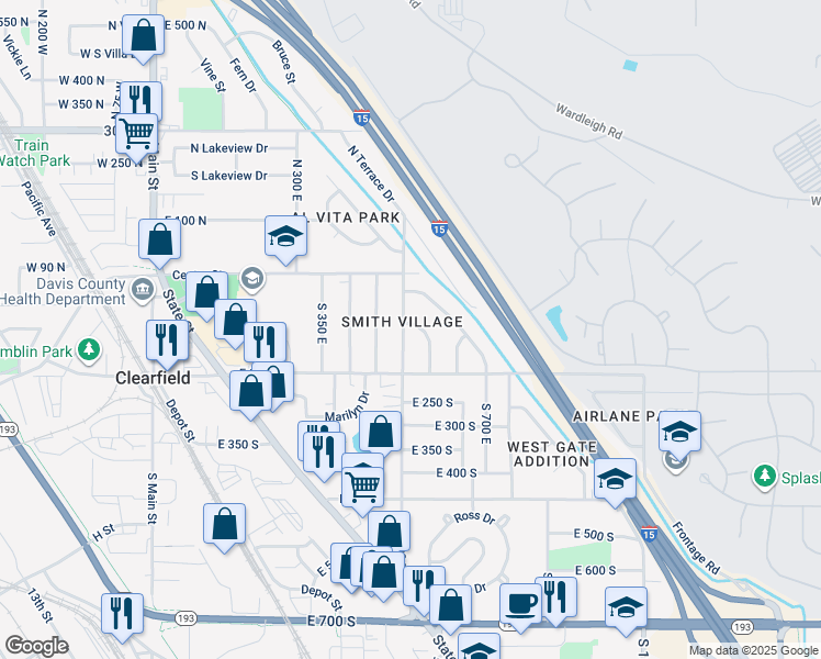 map of restaurants, bars, coffee shops, grocery stores, and more near 124 Locust Street in Clearfield