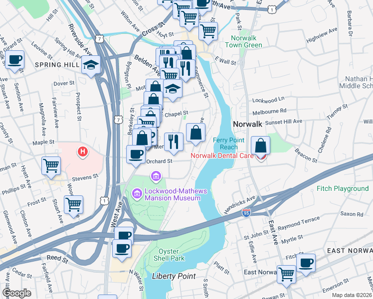 map of restaurants, bars, coffee shops, grocery stores, and more near 30 Merwin Street in Norwalk
