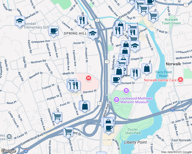 map of restaurants, bars, coffee shops, grocery stores, and more near 23 Maple Street in Norwalk