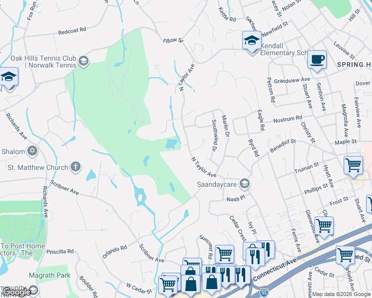 map of restaurants, bars, coffee shops, grocery stores, and more near 2A Lacey Lane in Norwalk