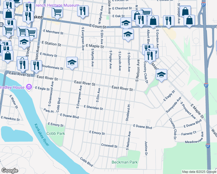 map of restaurants, bars, coffee shops, grocery stores, and more near 605 South Poplar Avenue in Kankakee