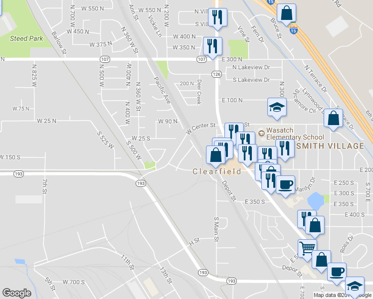 map of restaurants, bars, coffee shops, grocery stores, and more near 83 South 150 West in Clearfield