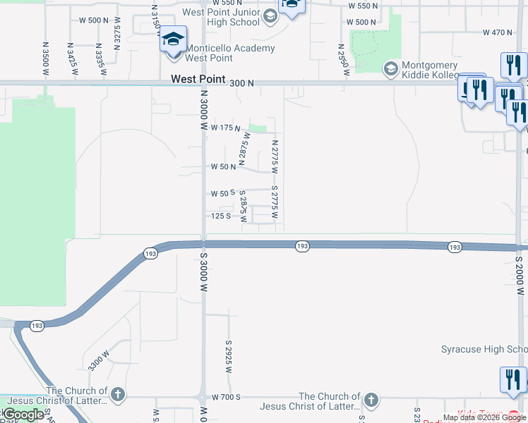 map of restaurants, bars, coffee shops, grocery stores, and more near 2809 West 100 South in West Point