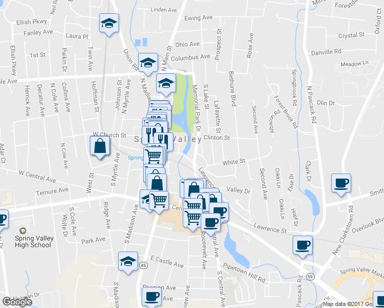map of restaurants, bars, coffee shops, grocery stores, and more near 39 Memorial Park Drive in Spring Valley