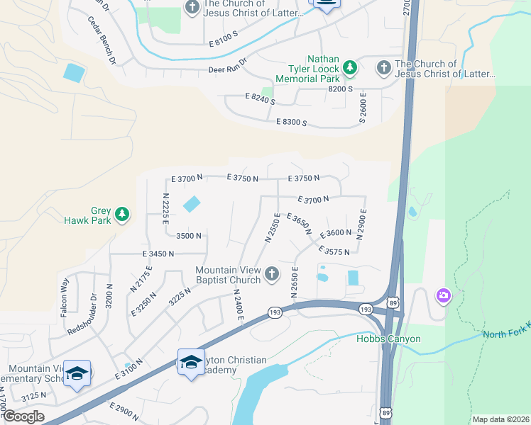 map of restaurants, bars, coffee shops, grocery stores, and more near 3579 North 2400 East in Layton