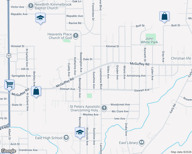 map of restaurants, bars, coffee shops, grocery stores, and more near 840 Sunshine Avenue in Youngstown