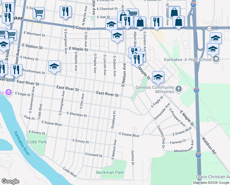 map of restaurants, bars, coffee shops, grocery stores, and more near 1491 East River Street in Kankakee