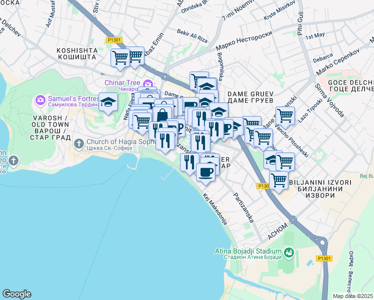 map of restaurants, bars, coffee shops, grocery stores, and more near Partizanska in Ohrid