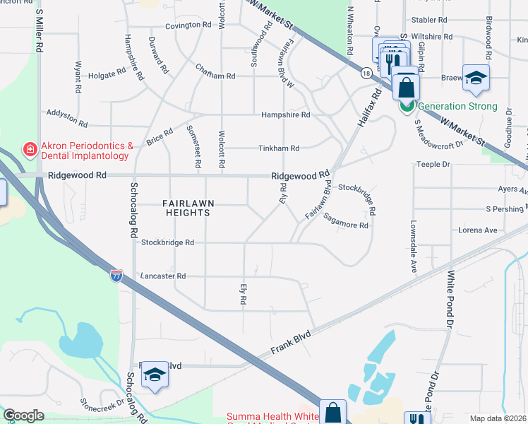 map of restaurants, bars, coffee shops, grocery stores, and more near 327 Ely Road in Akron