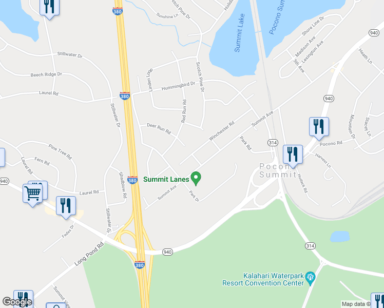map of restaurants, bars, coffee shops, grocery stores, and more near Colt Lane in Pocono Summit