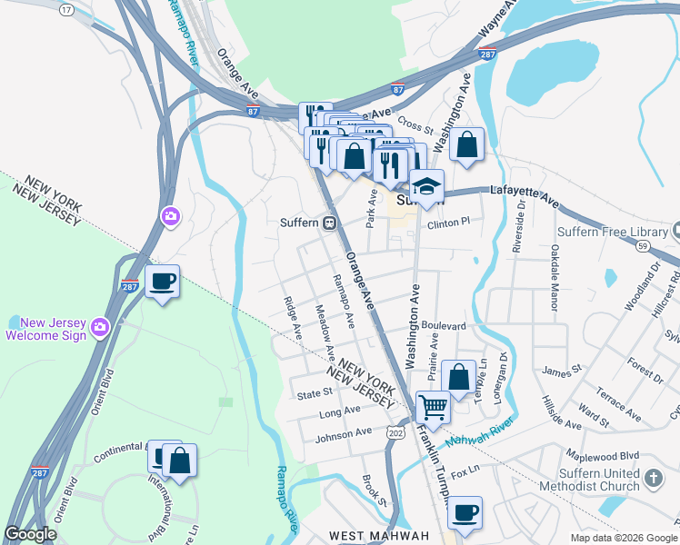 map of restaurants, bars, coffee shops, grocery stores, and more near 26 Ramapo Avenue in Suffern