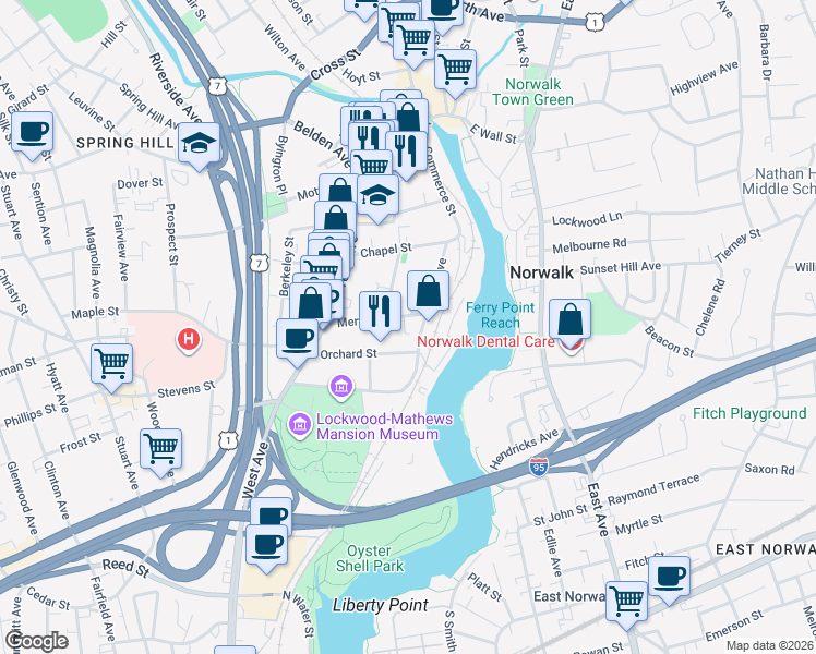 map of restaurants, bars, coffee shops, grocery stores, and more near 30 Merwin Street in Norwalk