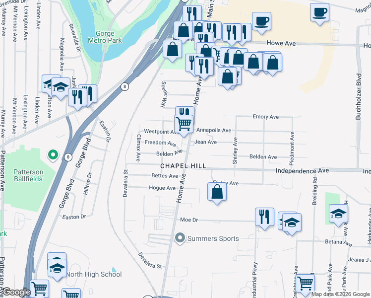 map of restaurants, bars, coffee shops, grocery stores, and more near 1517 Home Avenue in Akron