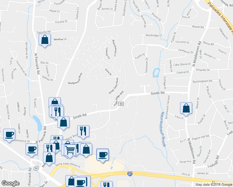 map of restaurants, bars, coffee shops, grocery stores, and more near 25 Eagle Ridge Way in Nanuet
