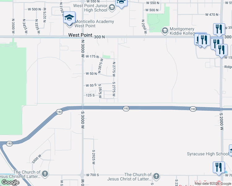 map of restaurants, bars, coffee shops, grocery stores, and more near 127 South 2775 West in West Point
