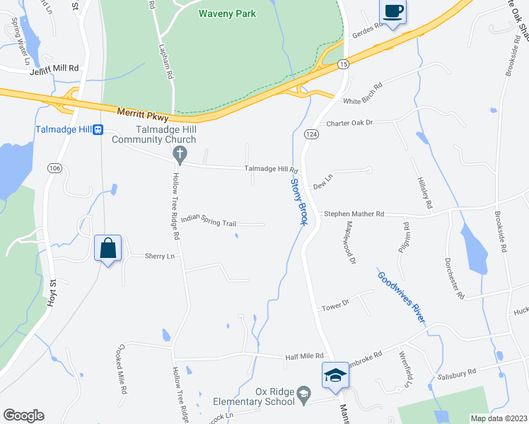 map of restaurants, bars, coffee shops, grocery stores, and more near 20 Indian Spring Trail in Darien