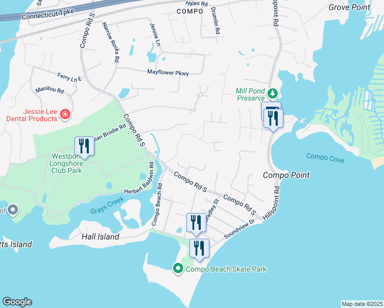 map of restaurants, bars, coffee shops, grocery stores, and more near 5 Longview Road in Westport