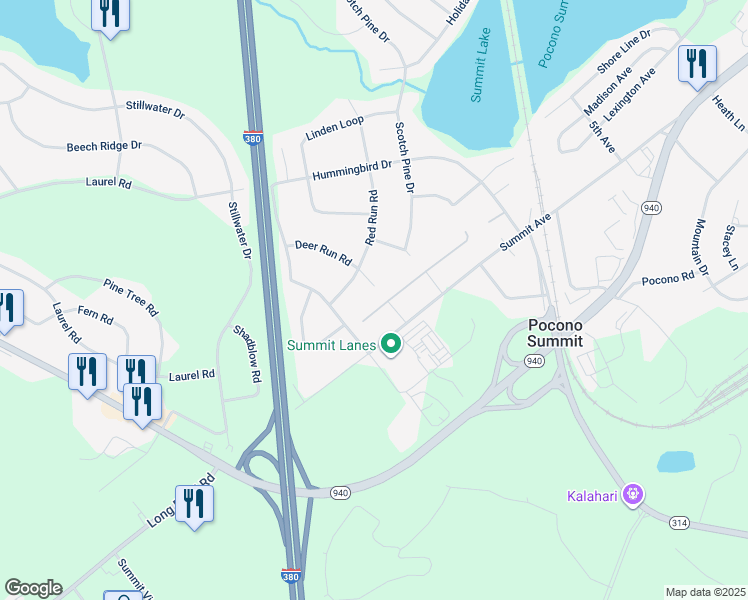 map of restaurants, bars, coffee shops, grocery stores, and more near 2376 Winchester Road in Pocono Summit