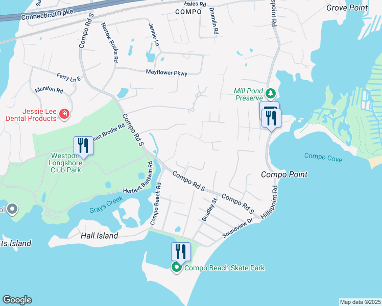 map of restaurants, bars, coffee shops, grocery stores, and more near 5 Longview Road in Westport
