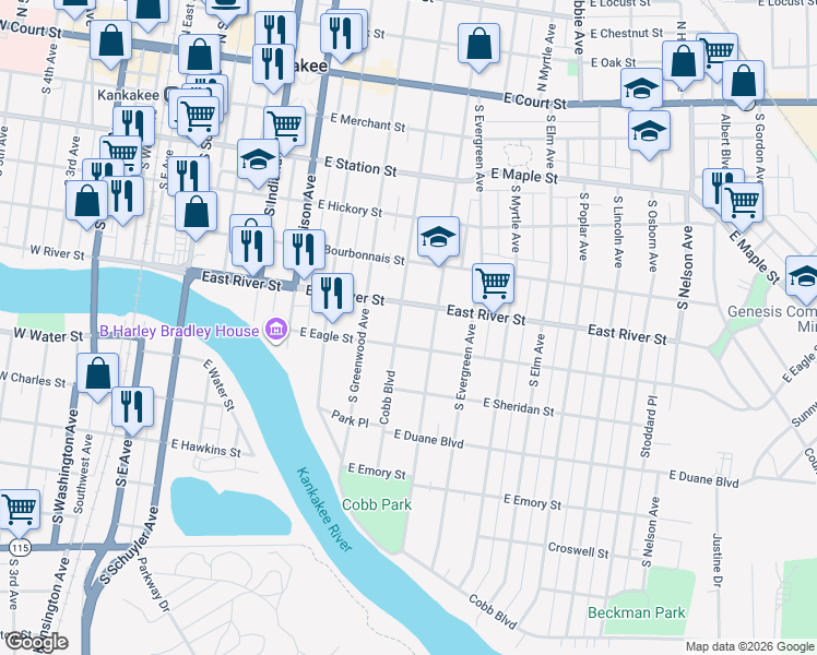 map of restaurants, bars, coffee shops, grocery stores, and more near 680 South Rosewood Avenue in Kankakee