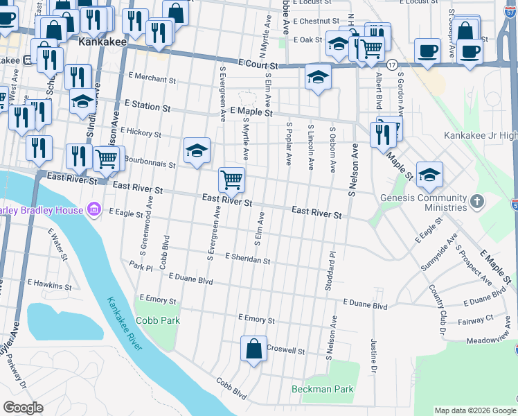 map of restaurants, bars, coffee shops, grocery stores, and more near 632 South Myrtle Avenue in Kankakee
