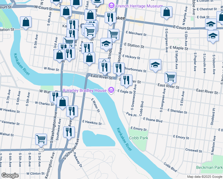 map of restaurants, bars, coffee shops, grocery stores, and more near 687 South Harrison Avenue in Kankakee