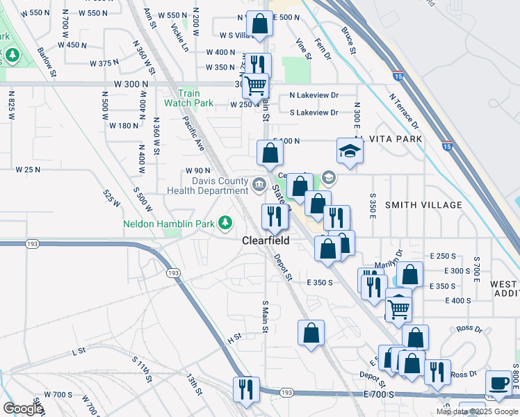 map of restaurants, bars, coffee shops, grocery stores, and more near 106 Depot Street in Clearfield